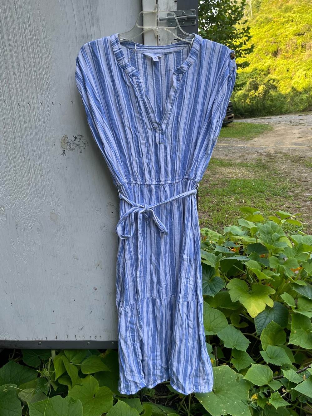 Time and Tru Blue and White Striped Tie-Waist Midi Dress